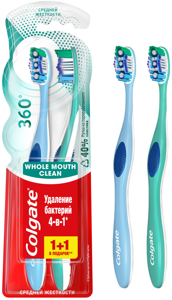 Зубная щетка Colgate Удаление бактерий 4в1 средней жесткости 1+1